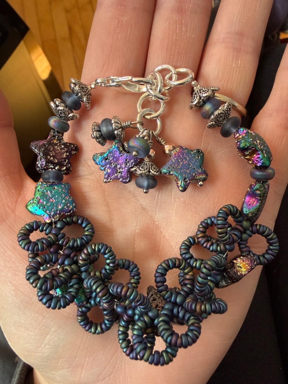 Handmade metallic bead and lava rock bracelet